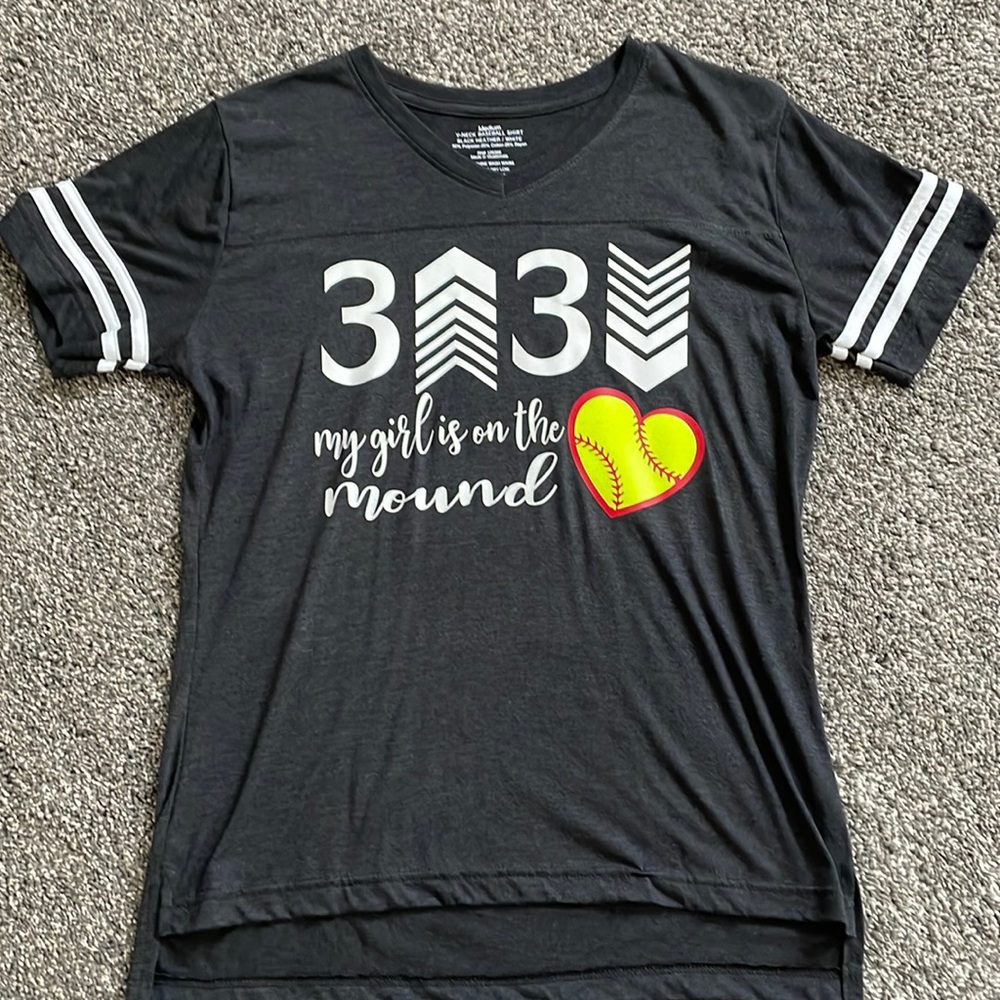 Softball mom shirt.  V-neck.  Dark gray shirt.